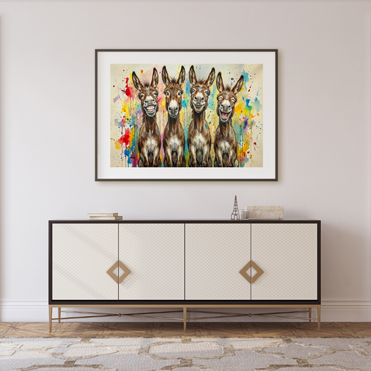 Abstract Fun Donkeys Wall Art Print - Colorful Farm Animal Poster - Modern Rustic Decor
