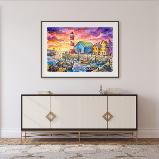 Abstract Fishing Village Wall Art -Colorful Harbour Town Print