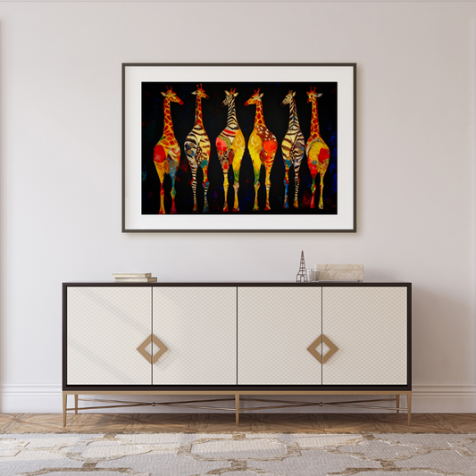 Vibrant Abstract Giraffe Art - Dark Background Geometric Wildlife Print - Luxury Wall Art for Living Room