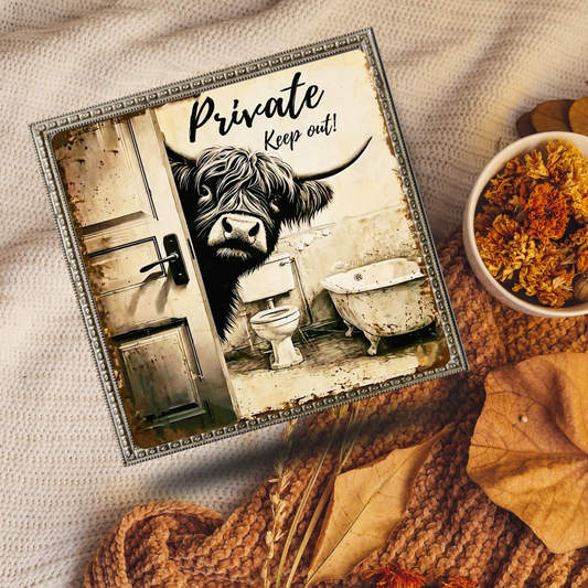 Highland Cow Bathroom Wall Art - Private Keep Out Funny Cow Print - Farmhouse Restroom Decor - Quirky Animal Art Unframed