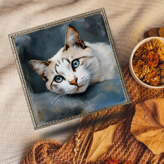 White and Light Brown Cat Wall Art with Blue Eyes – Relaxing Cat Print - Cute Pet Home Decor