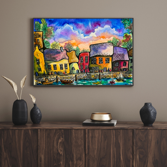 Moody Abstract Harbour Landscape - Rugged Fishing Village Wall Decor