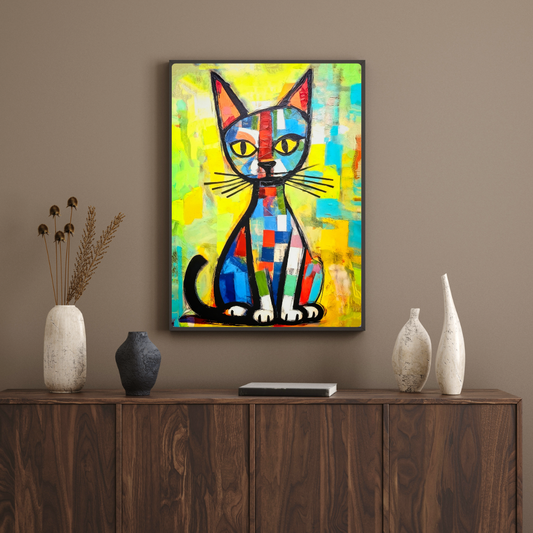 Abstract Multicoloured Cat Wall Art – Modern Colorful Cat Print