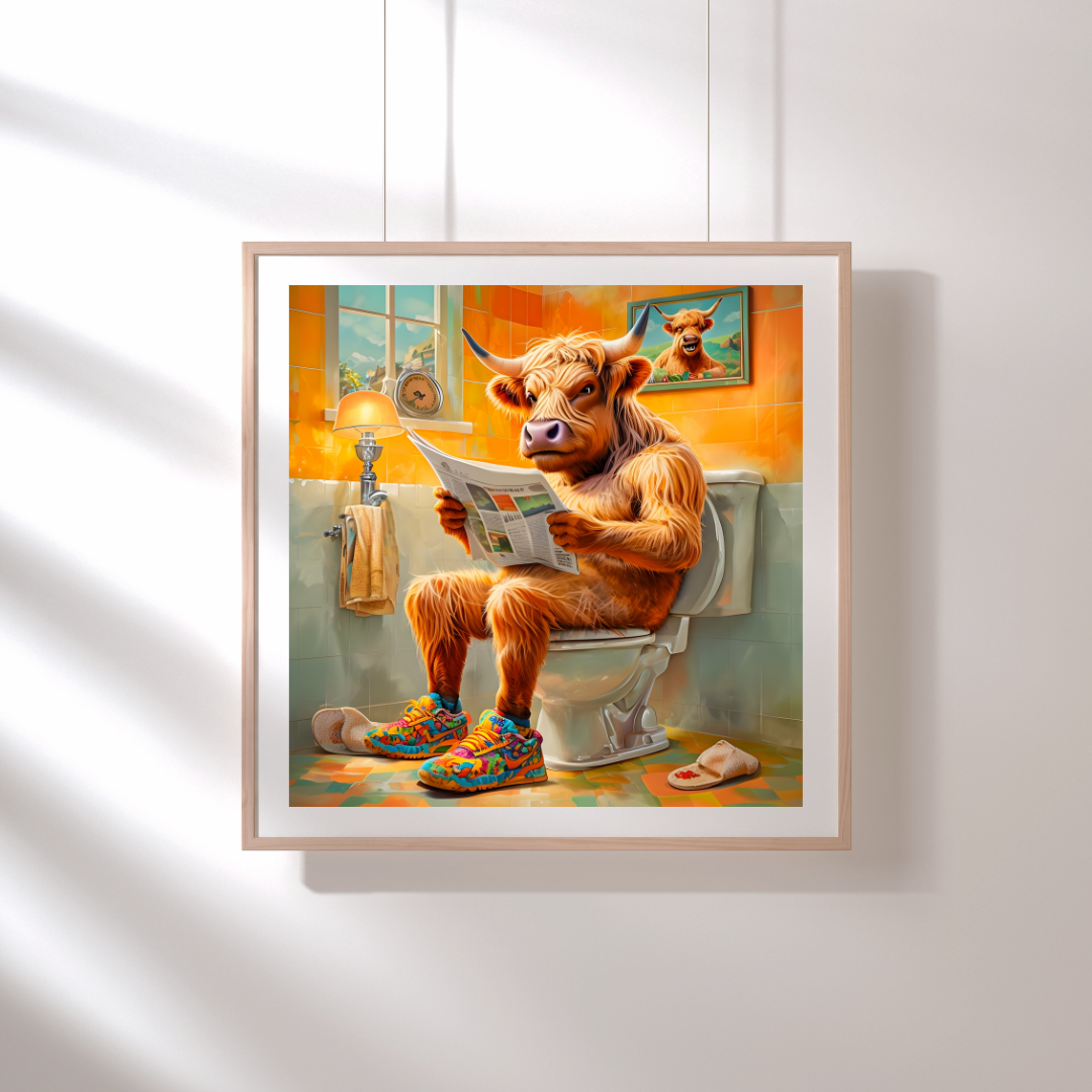 Highland Cow Bathroom Wall Art – Funny Cow Toilet Humor Print, Rustic Farmhouse Bathroom Decor