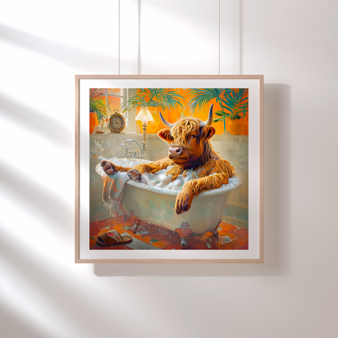 Funny Highland Cow Bath Print – Rustic Farm Animal Bathroom Wall Art