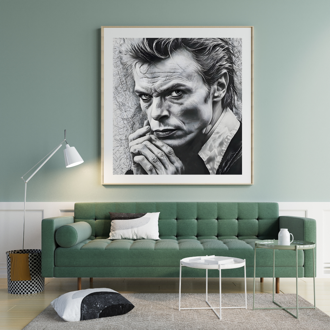 David Bowie Themed Portrait: Iconic Black and White Wall Art