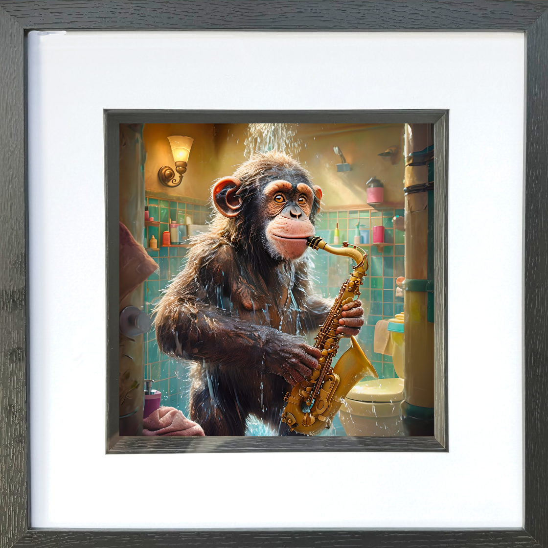 Chimpanzee Playing Saxophone in Shower Art Print - Quirky Bathroom Wall Decor