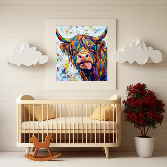 Abstract Highland Cow Wall Art - Colorful Multicoloured Scottish Cow Print - Vibrant Modern Farmhouse Decor