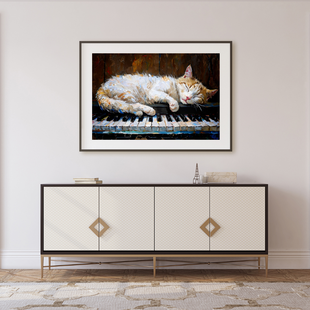 Sleeping Cat on Piano Art Print - Classical Music & Feline Wall Decor