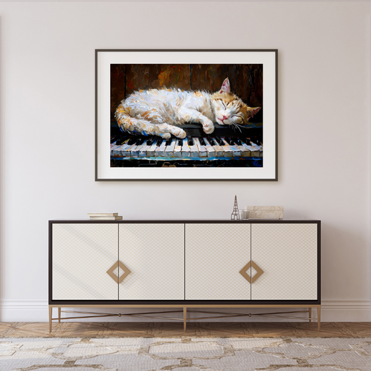 Sleeping Cat on Piano Art Print - Classical Music & Feline Wall Decor