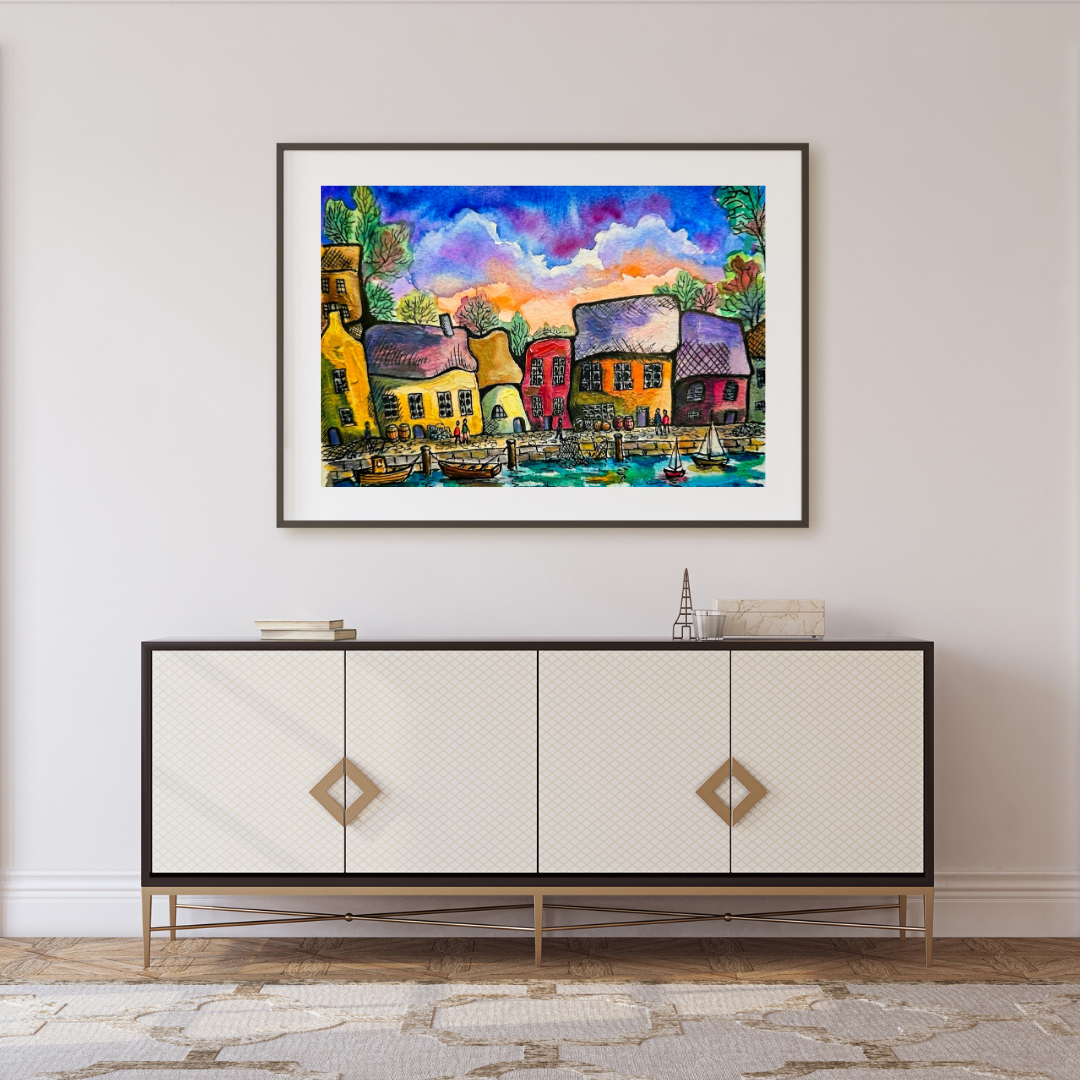 Moody Abstract Harbour Landscape - Rugged Fishing Village Wall Decor