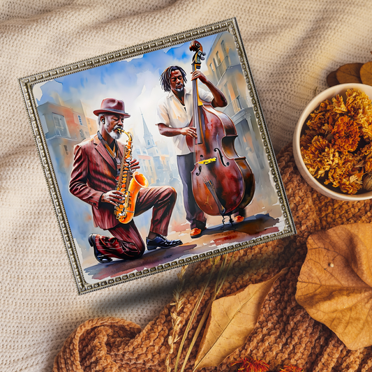 Jazz Duet Wall Art - Bass and Saxophone Player Print - Modern Music Room Decor