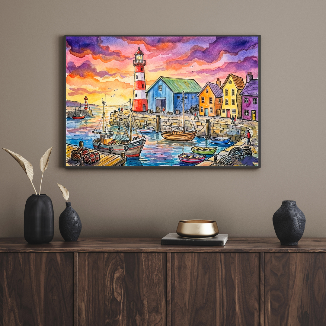 Abstract Fishing Village Wall Art -Colorful Harbour Town Print