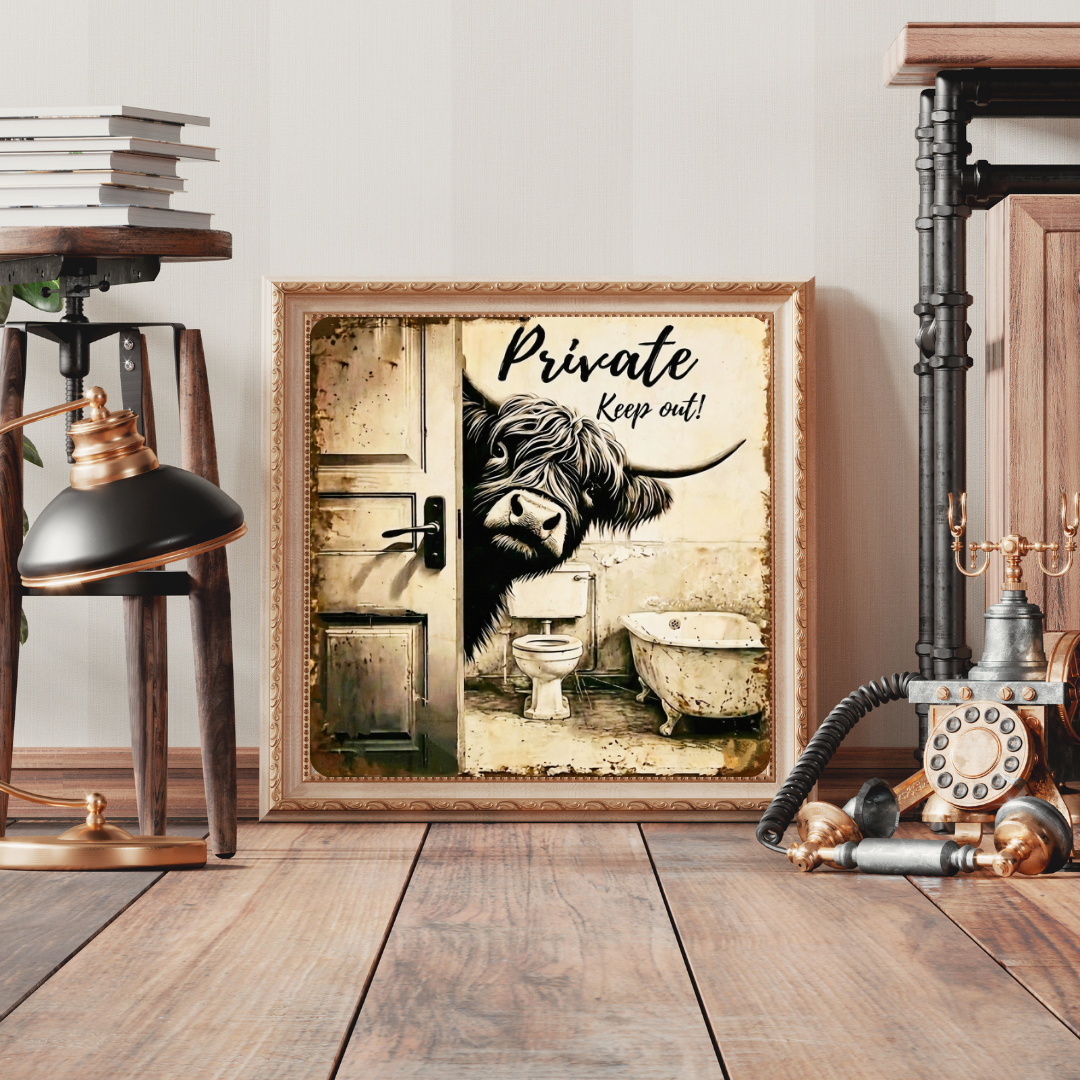 Highland Cow Bathroom Wall Art - Private Keep Out Funny Cow Print - Farmhouse Restroom Decor - Quirky Animal Art Unframed
