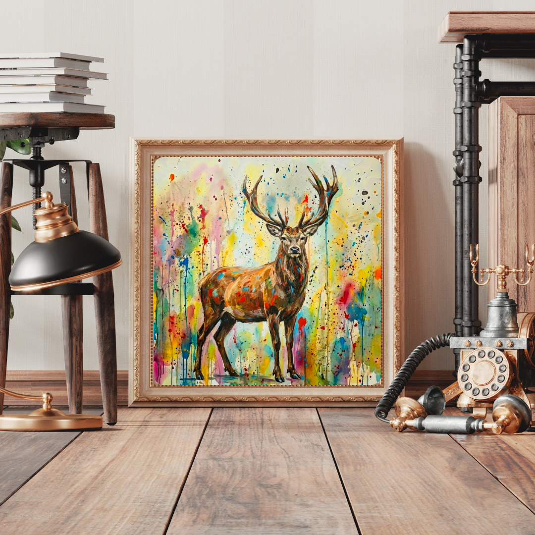 Abstract Multicoloured Stag Deer Wall Art - Modern Geometric Poster Print