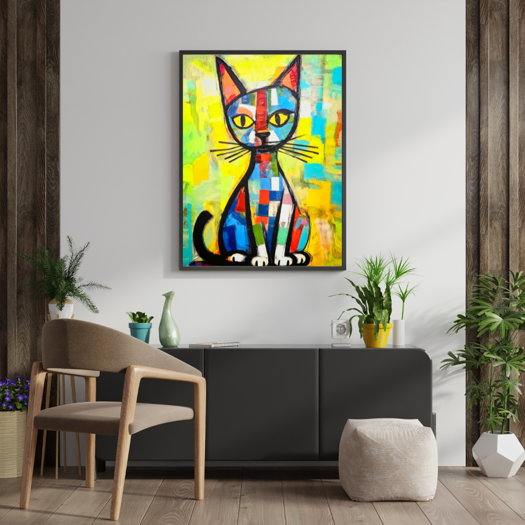 Abstract Multicoloured Cat Wall Art – Modern Colorful Cat Print