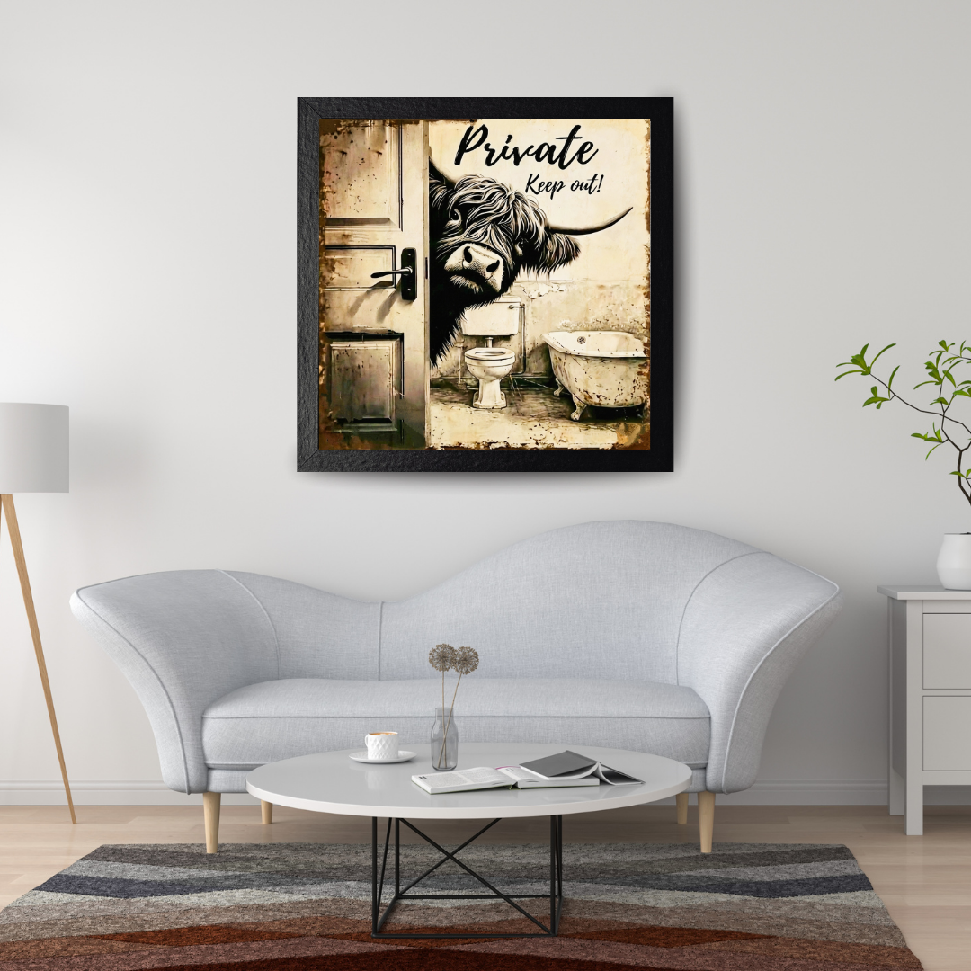 Highland Cow Bathroom Wall Art - Private Keep Out Funny Cow Print - Farmhouse Restroom Decor - Quirky Animal Art Unframed