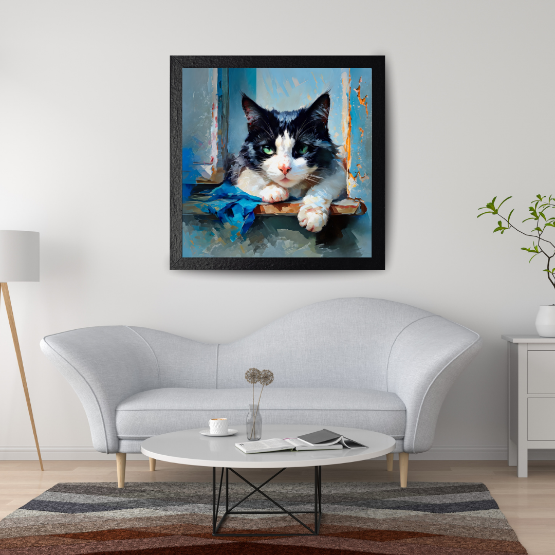 Black and White Cat Wall Art – Chilled Cat on Window Sill Print - Minimalist Pet Home Decor
