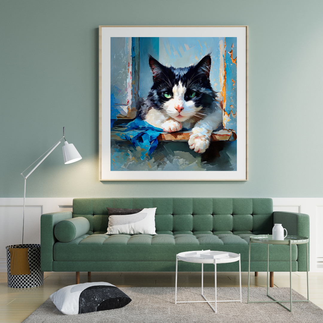 Black and White Cat Wall Art – Chilled Cat on Window Sill Print - Minimalist Pet Home Decor