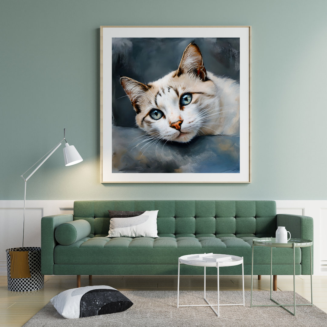 White and Light Brown Cat Wall Art with Blue Eyes – Relaxing Cat Print - Cute Pet Home Decor