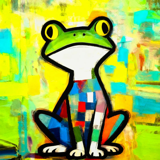 Colorful abstract painting of a frog with a multicolored block pattern on a bright background