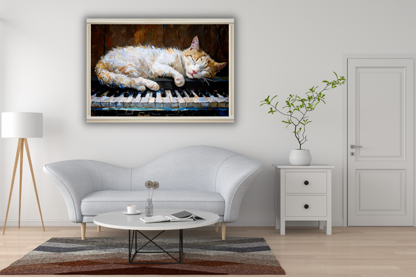Sleeping Cat on Piano Art Print - Classical Music & Feline Wall Decor