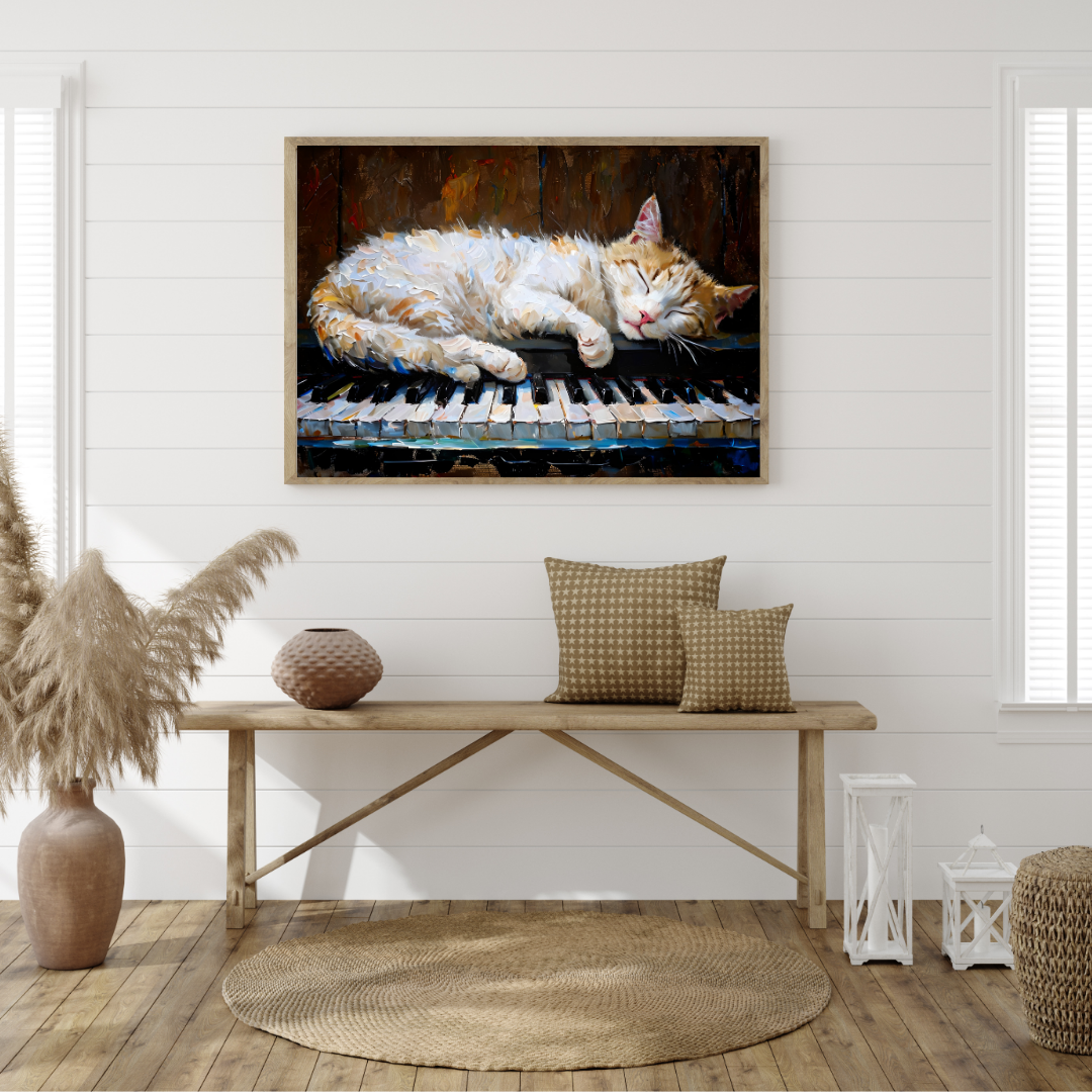 Sleeping Cat on Piano Art Print - Classical Music & Feline Wall Decor