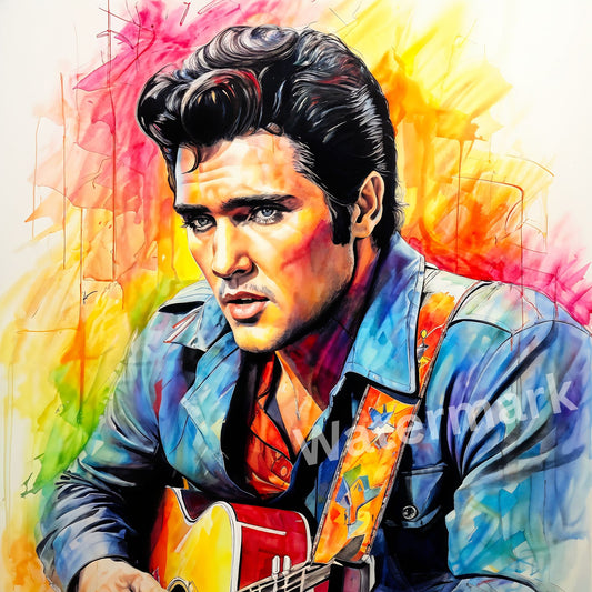 Elvis Presley Watercolor Portrait Print - Colorful Rock 'n' Roll Wall Art - King of Rock Decor - Music Legend Gift - Vibrant Giclee Print