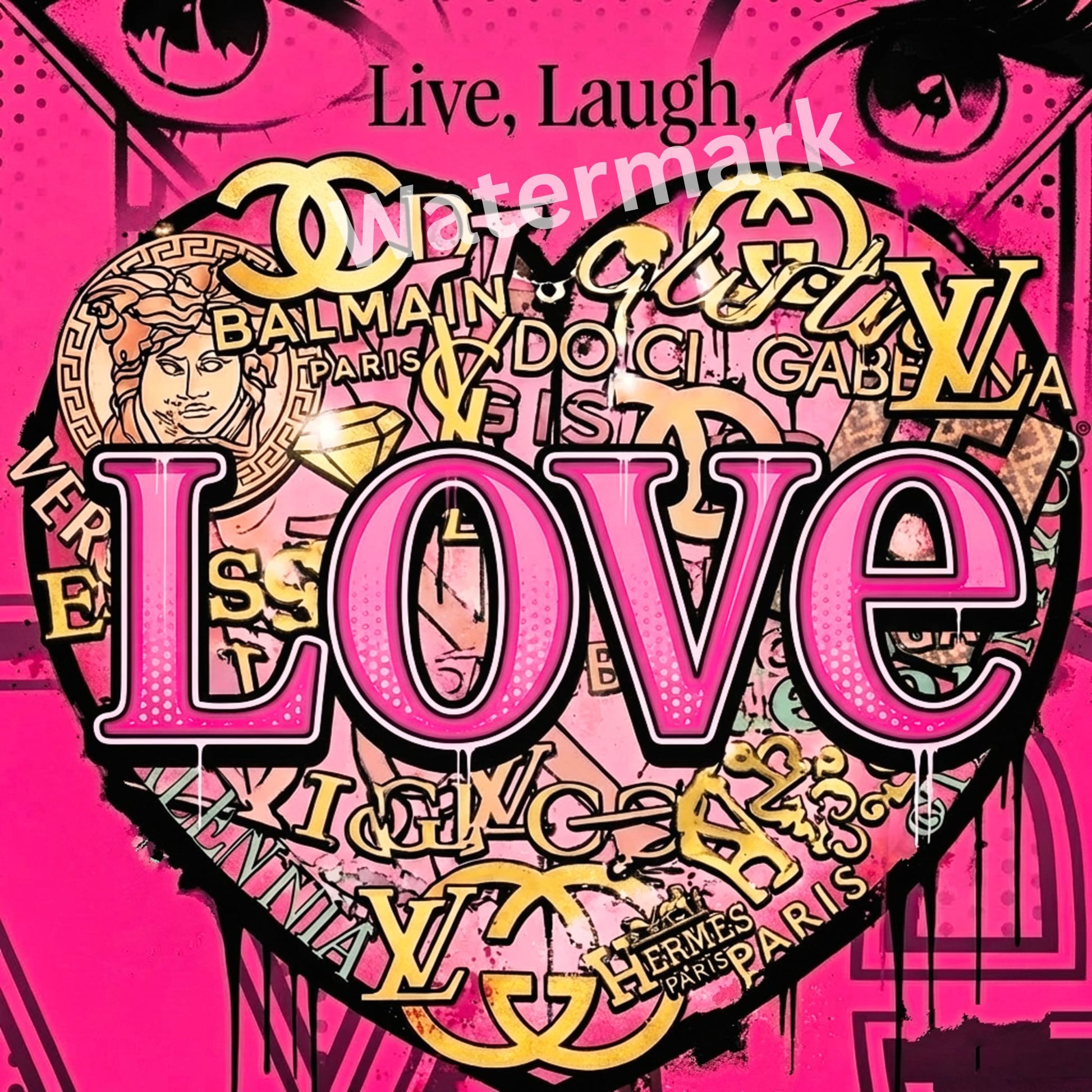 Pink background with fashion brand logos and the word 'LOVE' in the center.