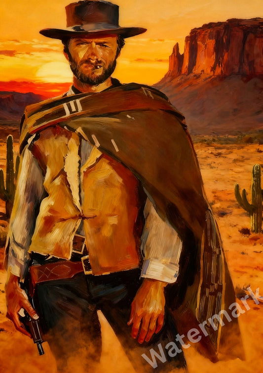 Man in cowboy attire with a sunset and desert landscape
