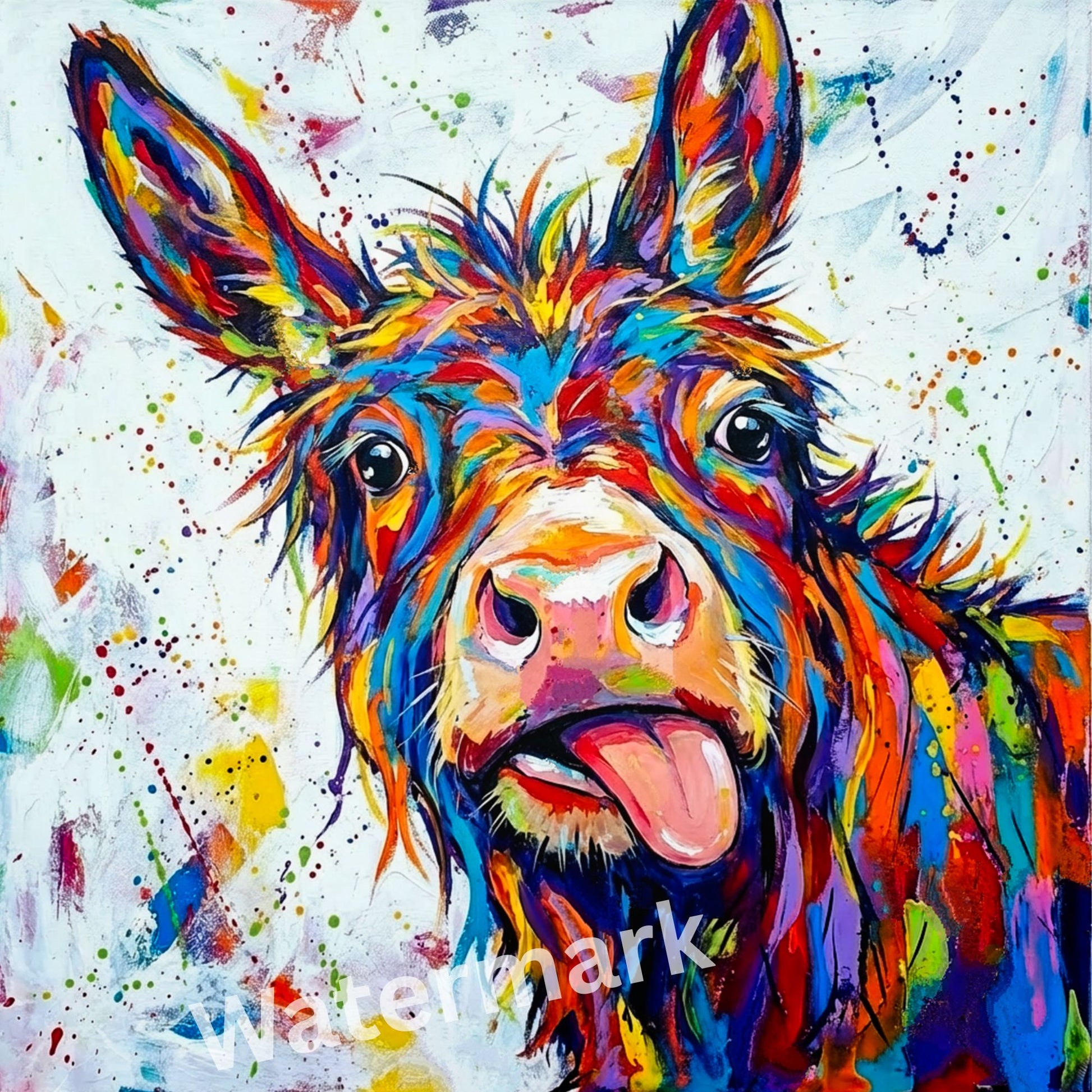 Colorful abstract painting of a donkey with splashes of paint on a white background.