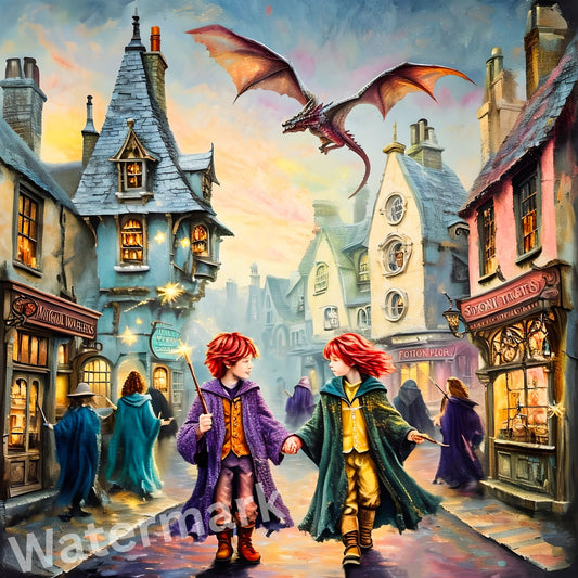 Wizard Alley Nursery Wall Art | Enchanted Magical Street Print - Whimsical Wizarding World Decor - Magic Shop Illustration for Kids