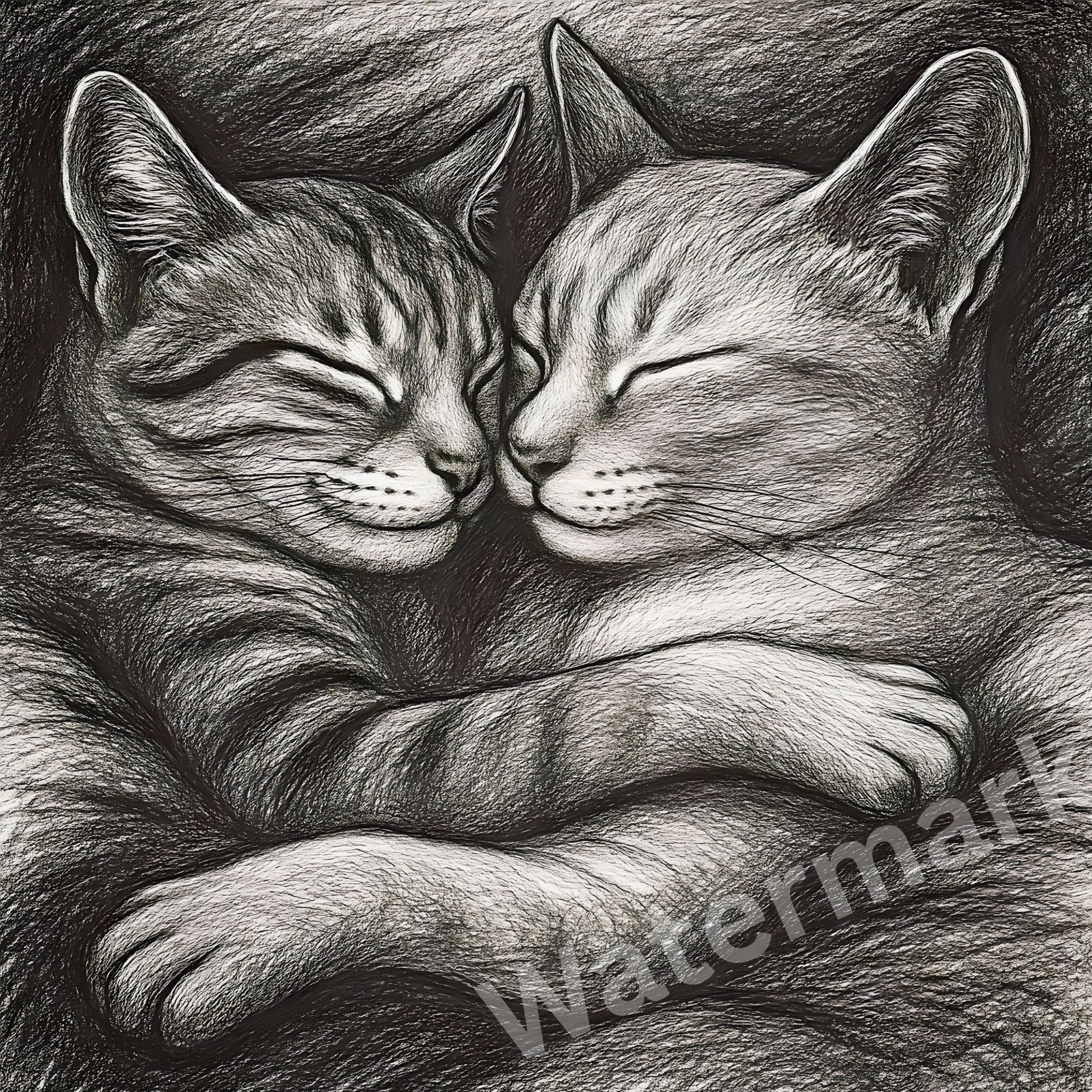 Detailed pencil drawing of two cats embracing
