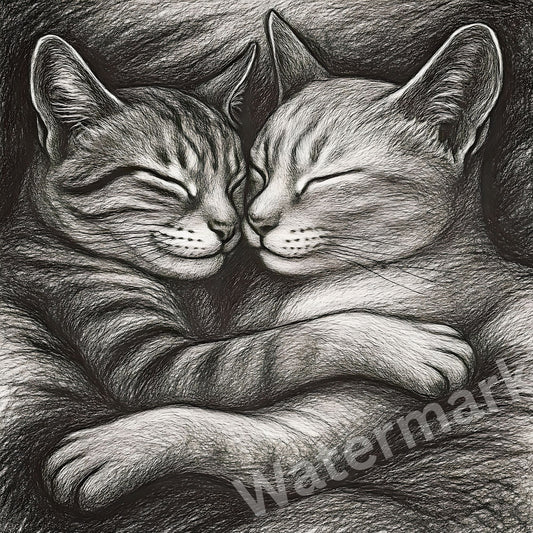 Detailed pencil drawing of two cats embracing