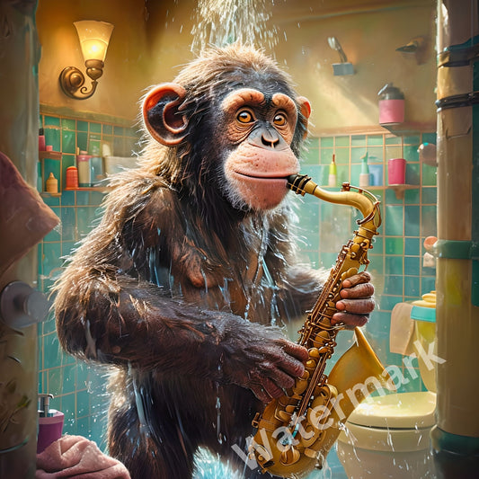 Chimpanzee Playing Saxophone in Shower Art Print - Quirky Bathroom Wall Decor