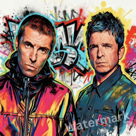 Oasis bro in colorful outfits against a graffiti-style background with a visible watermark.hers