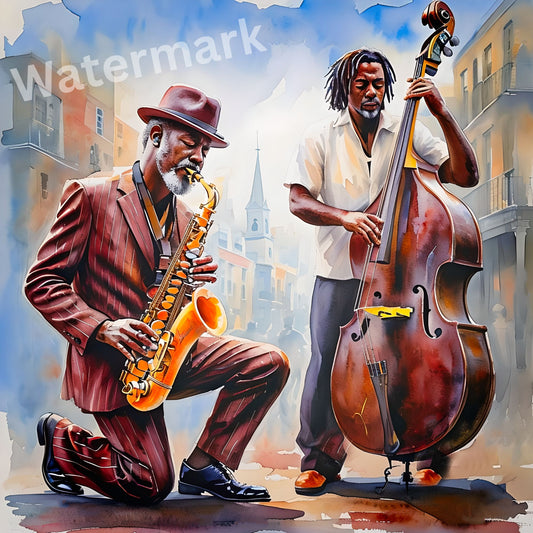 Jazz Duet Wall Art - Bass and Saxophone Player Print - Modern Music Room Decor