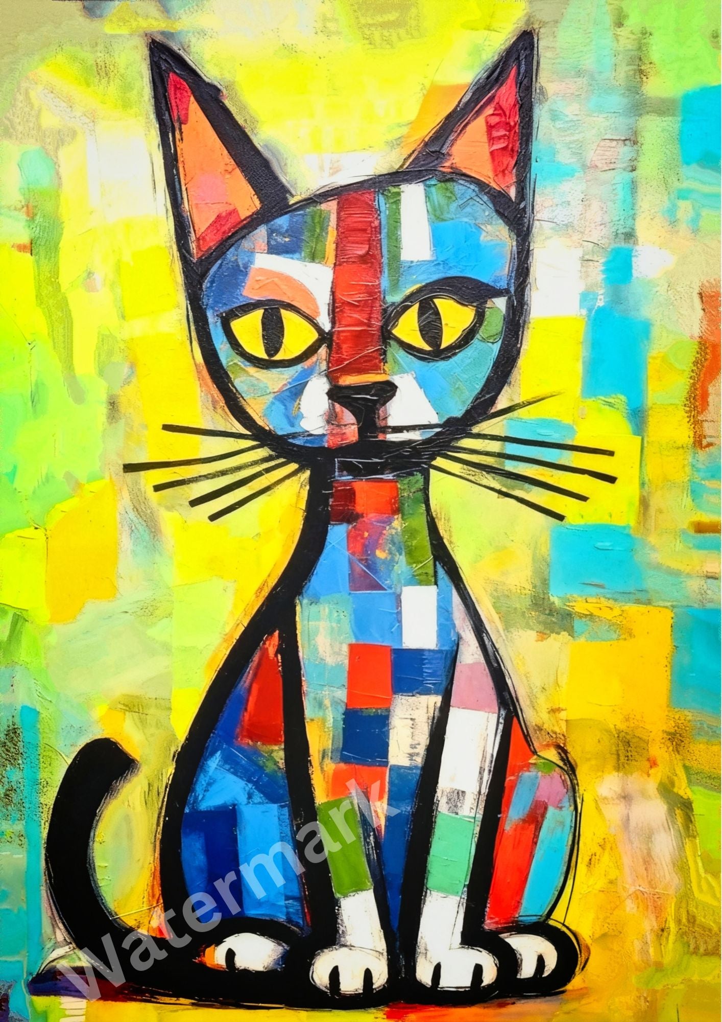 Colorful abstract painting of a cat on a multicolored background