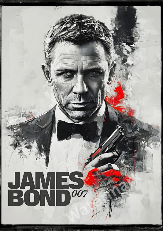 Daniel Craig Bond Art Print - 007 Tuxedo Portrait Wall Art - Sleek Black and White James Bond Decor