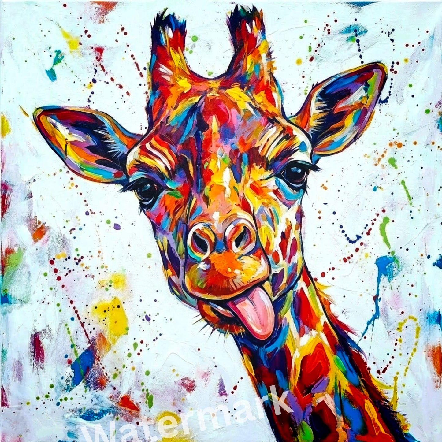 Colorful abstract painting of a giraffe with splashes of paint on a white background