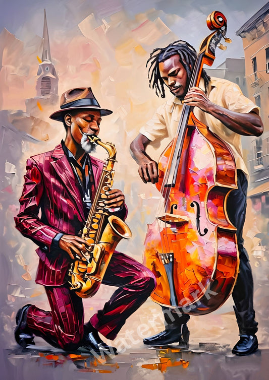 Gift for Jazz Musicians - Saxophone and Bass Player Art Print