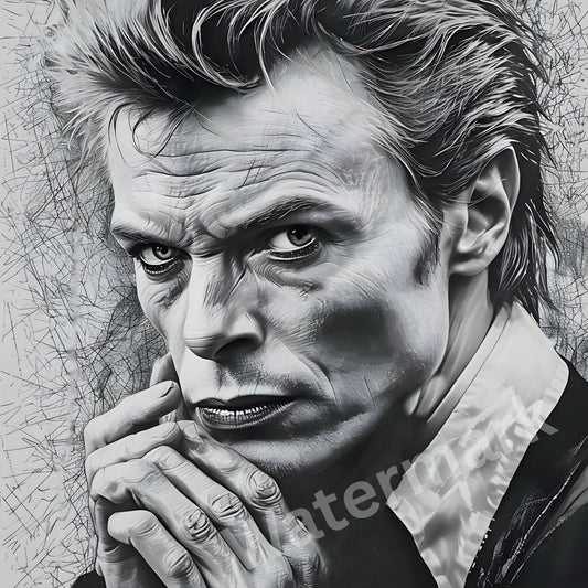 Black and white portrait of David Bowie with a contemplative expression, featuring detailed brush strokes.