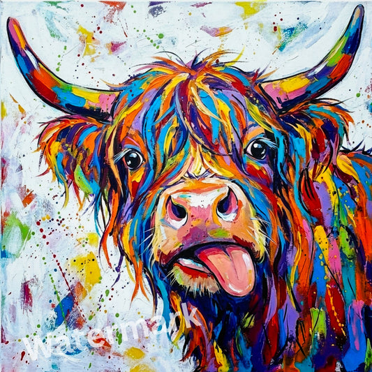 Colorful painting of a highland cow with abstract background