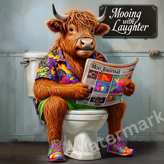 Cow reading a newspaper on a toilet with 'Mooing with Laughter' sign above.
