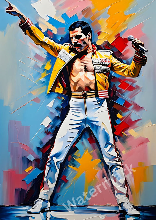 Freddie Mercury Wall Art - Queen Lead Singer Pop Art Portrait - Iconic Wembley Stage Pose Print