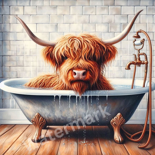 Highland Cow Bath Tub Wall Art – Cute Funny Cow Bathroom Print, Farmhouse Bathroom Decor
