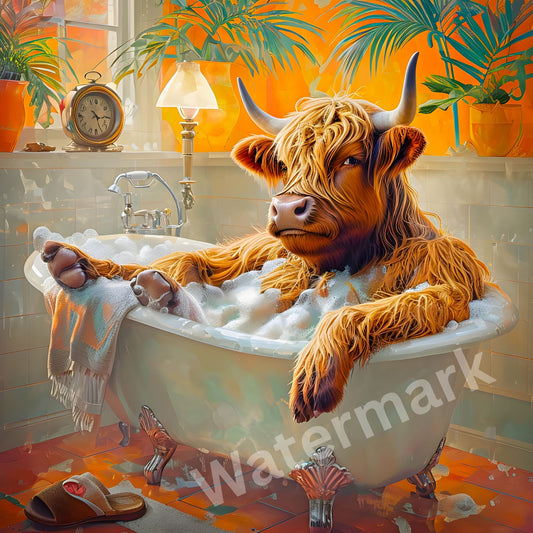 Funny Highland Cow Bath Print – Rustic Farm Animal Bathroom Wall Art