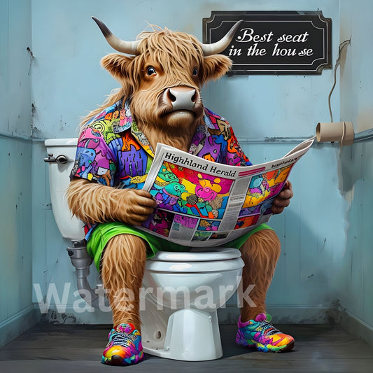 Best Seat in the House Highland Cow Art - Rustic Farmhouse Bathroom Decor - Highland Cow Toilet Poster