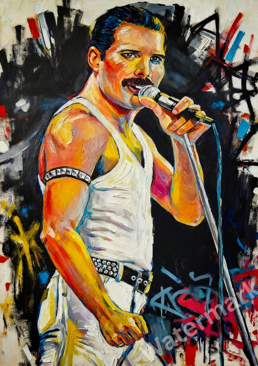 Colorful painting of a person holding a microphone against a abstract background