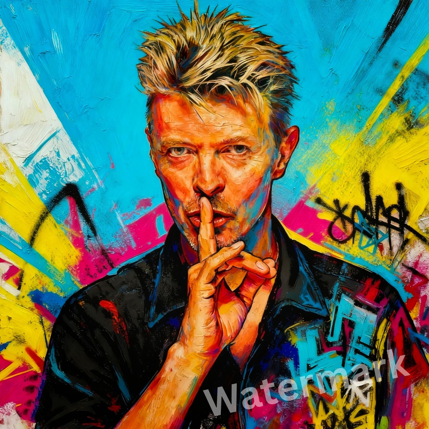 Colorful abstract painting of a person with a hand on their chin against a vibrant background.